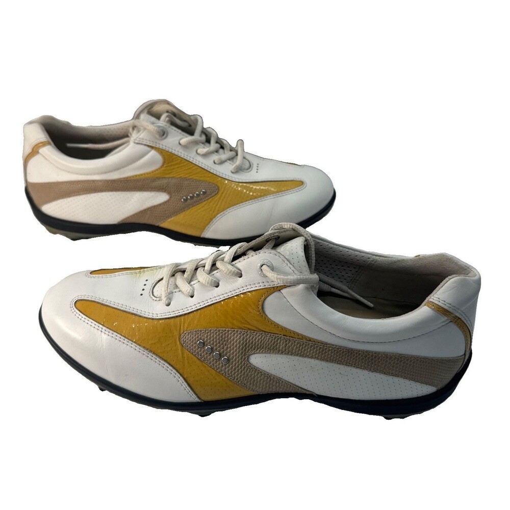 ECCO Hydromax Golf Shoes Men 41 US 7-7.5 White Yellow Leather Spiked Cleats